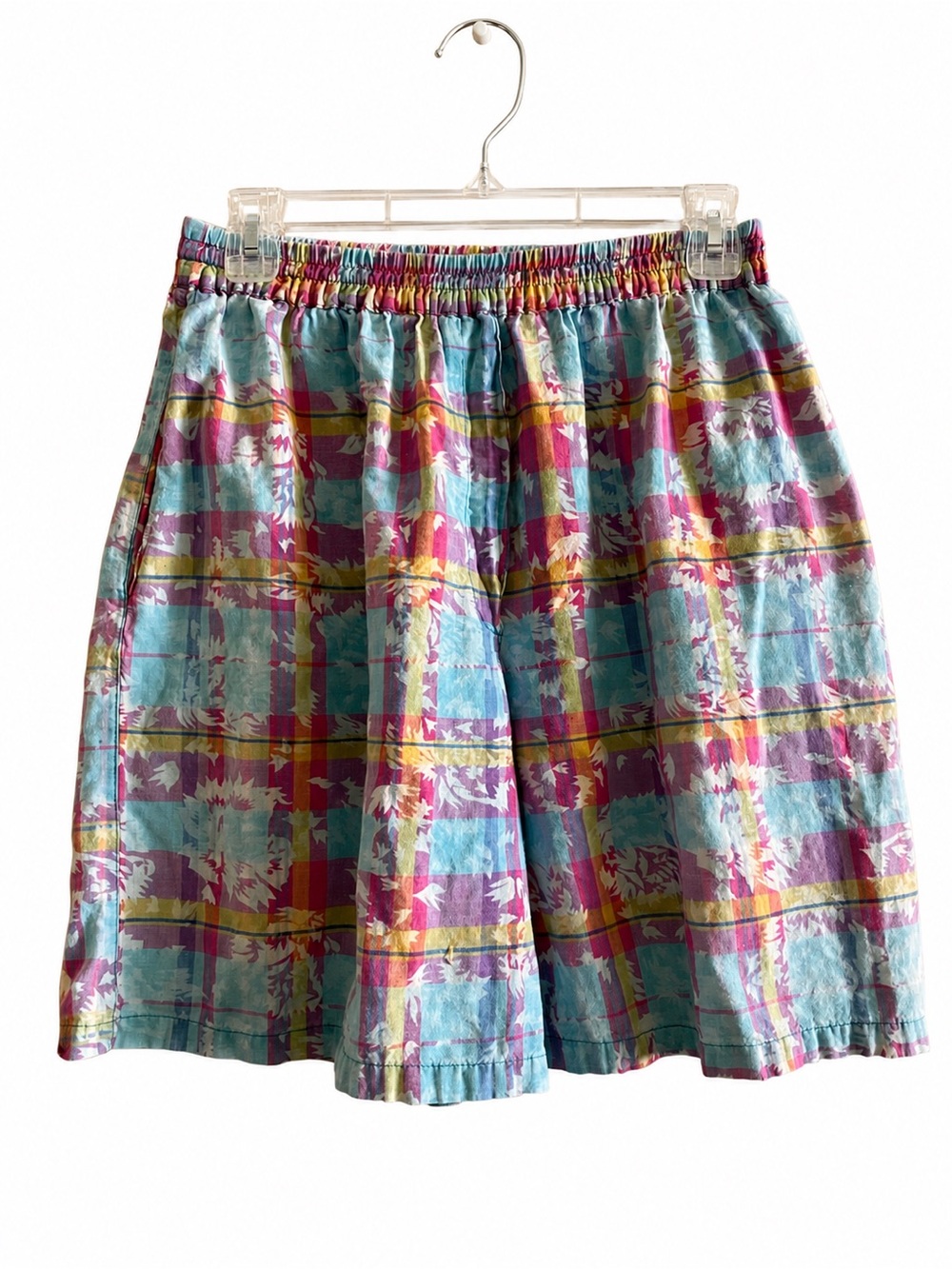 Vintage 80s Ashleigh Morgan Sport Cotton Shorts Medium Pastel Plaid Print Beach